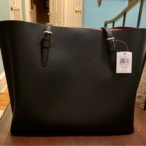 NWT Coach black leather tote w/, red interior & gold hardware.